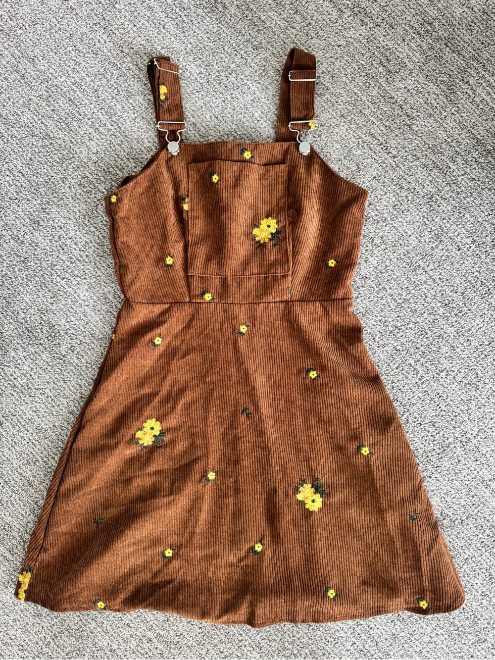 Brown Corduroy Floral Embroidered Pinafore Dress